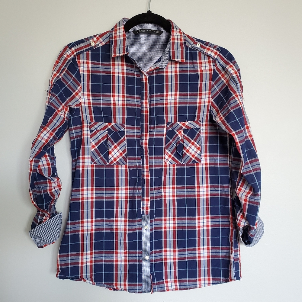 Zara Woman Cotton Plaid Button Down popover look